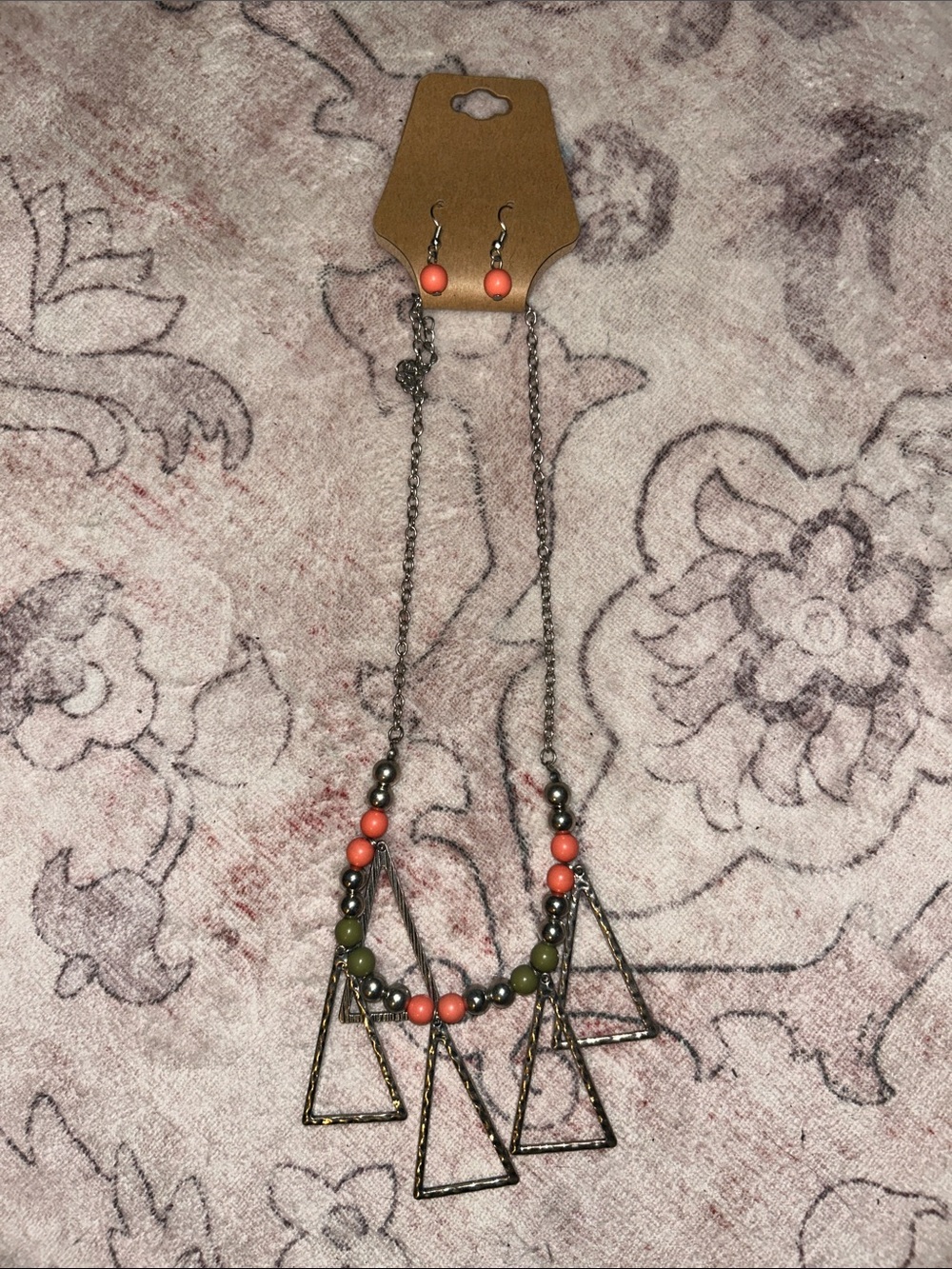 Coral & Olive Beaded Triangle Pendant Necklace and Earrings Set